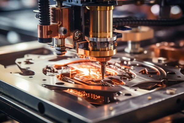 Cnc milling machine. Processing and laser cutting for metal in the industrial. Motion blur. Industrial exhibition of machine tools.