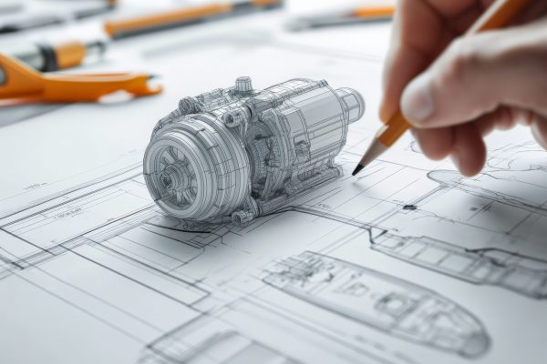 Mechanical Engineer Perfecting a Motor Design in Technical Drawing