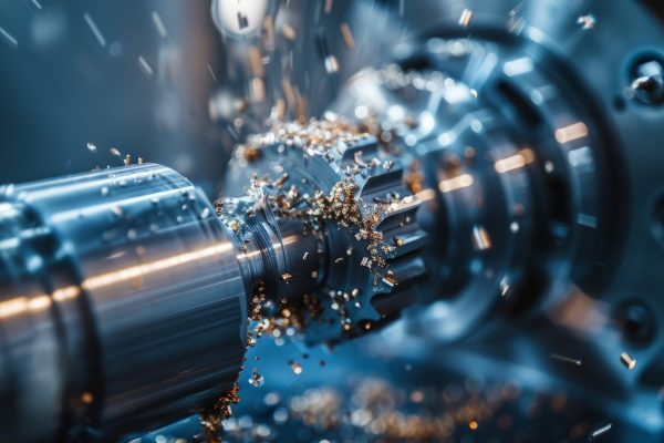 Close-up of a CNC lathe machine precision metalworking, with metal shavings and sparks, emphasizing modern manufacturing processes.