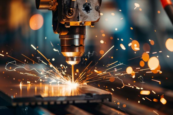 A CNC machine operating in a workshop, emitting bright sparks as it processes metal.